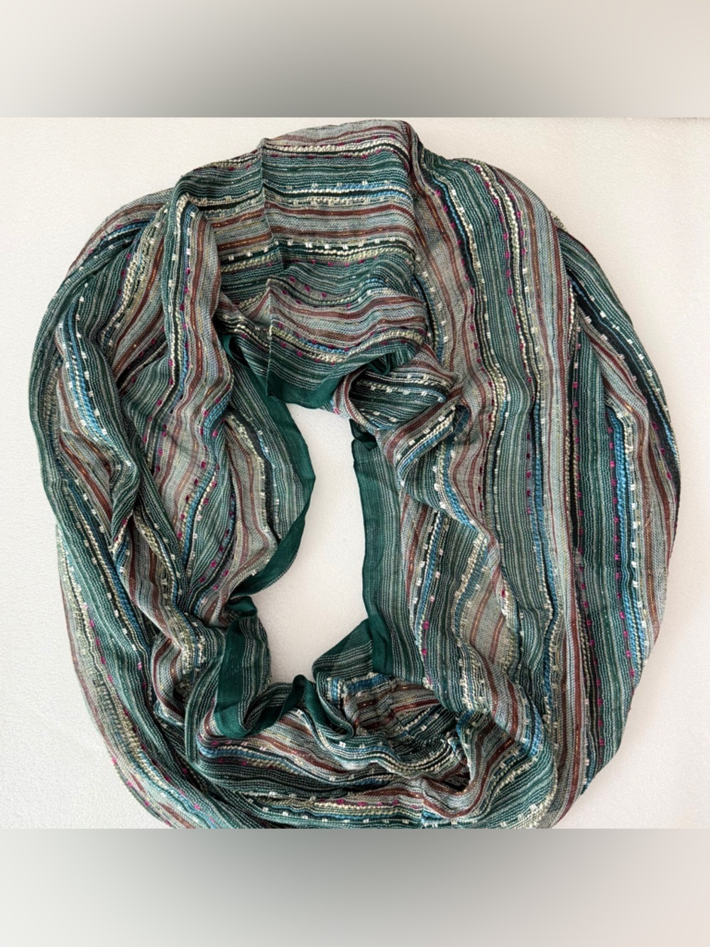 Boho Textured Infinity Scarf Green Multi Stripe Woven Lightweight Artisan Style